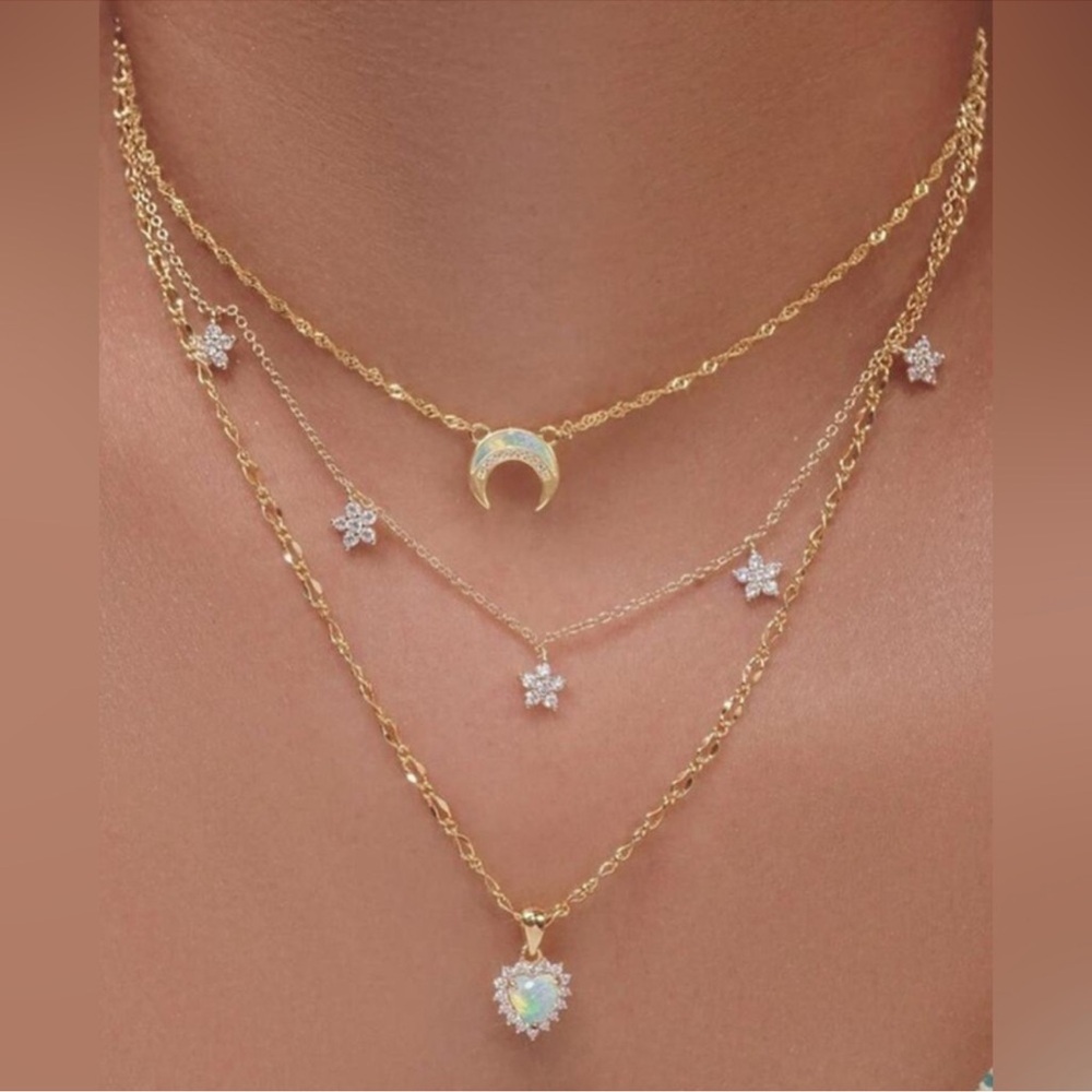 Luxe Gold Tone Cubic Zirconia Heart Moon Multilayer Necklace